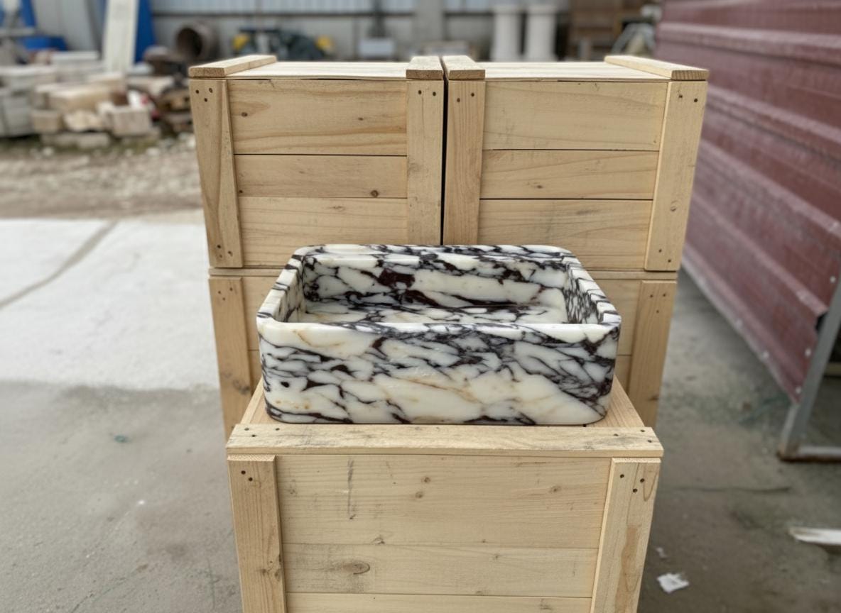 Handcarved Calacatta Viola marble wall mounted sink by Marblyart, custom made to order — photo 10 of 11