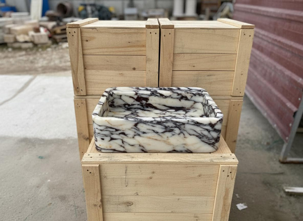 Handcarved Calacatta Viola marble wall mounted sink by Marblyart, custom made to order — photo 2 of 11