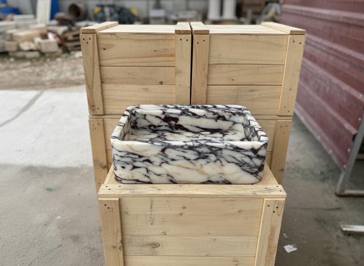 Handcarved Calacatta Viola marble wall mounted sink by Marblyart, custom made to order — photo 2 of 11