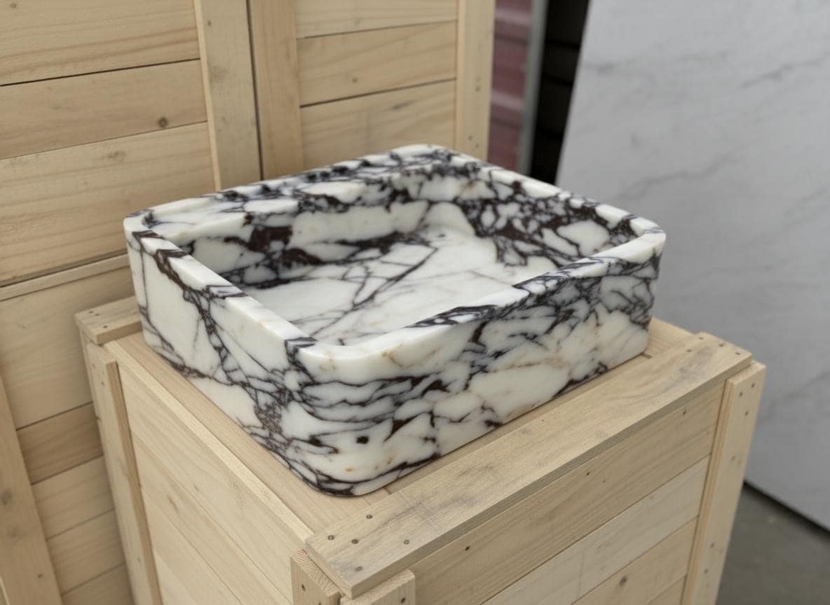 Handcarved Calacatta Viola marble wall mounted sink by Marblyart, custom made to order — photo 9 of 11