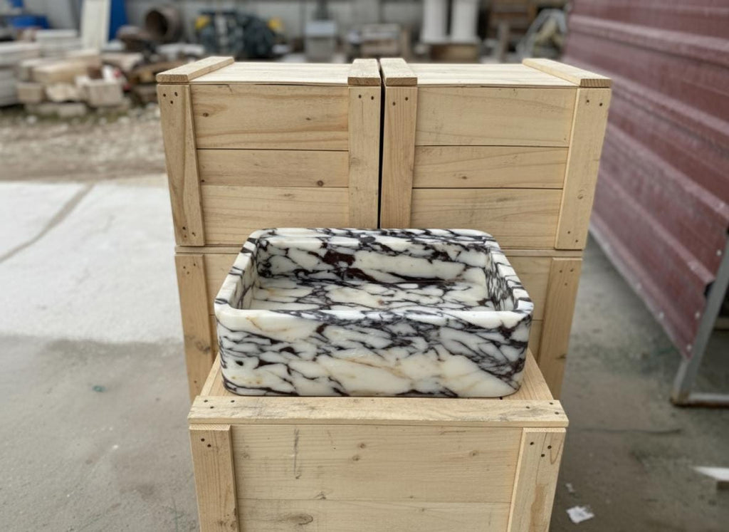 Handcarved Calacatta Viola marble wall mounted sink by Marblyart, custom made to order — photo 7 of 11