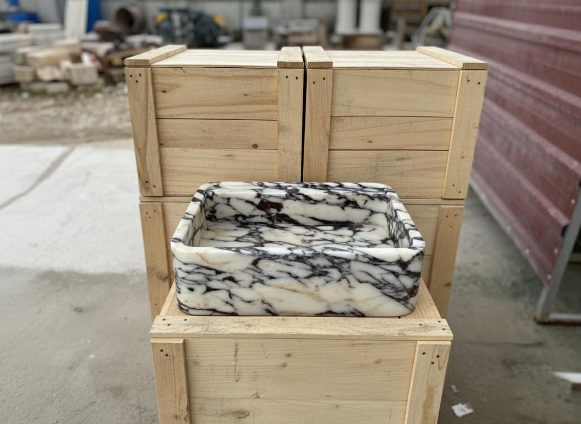 Handcarved Calacatta Viola marble wall mounted sink by Marblyart, custom made to order — photo 7 of 11