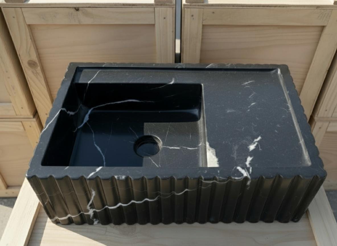 Handcarved Nero Marquina marble vessel sink by Marblyart, custom made to order — photo 5 of 12