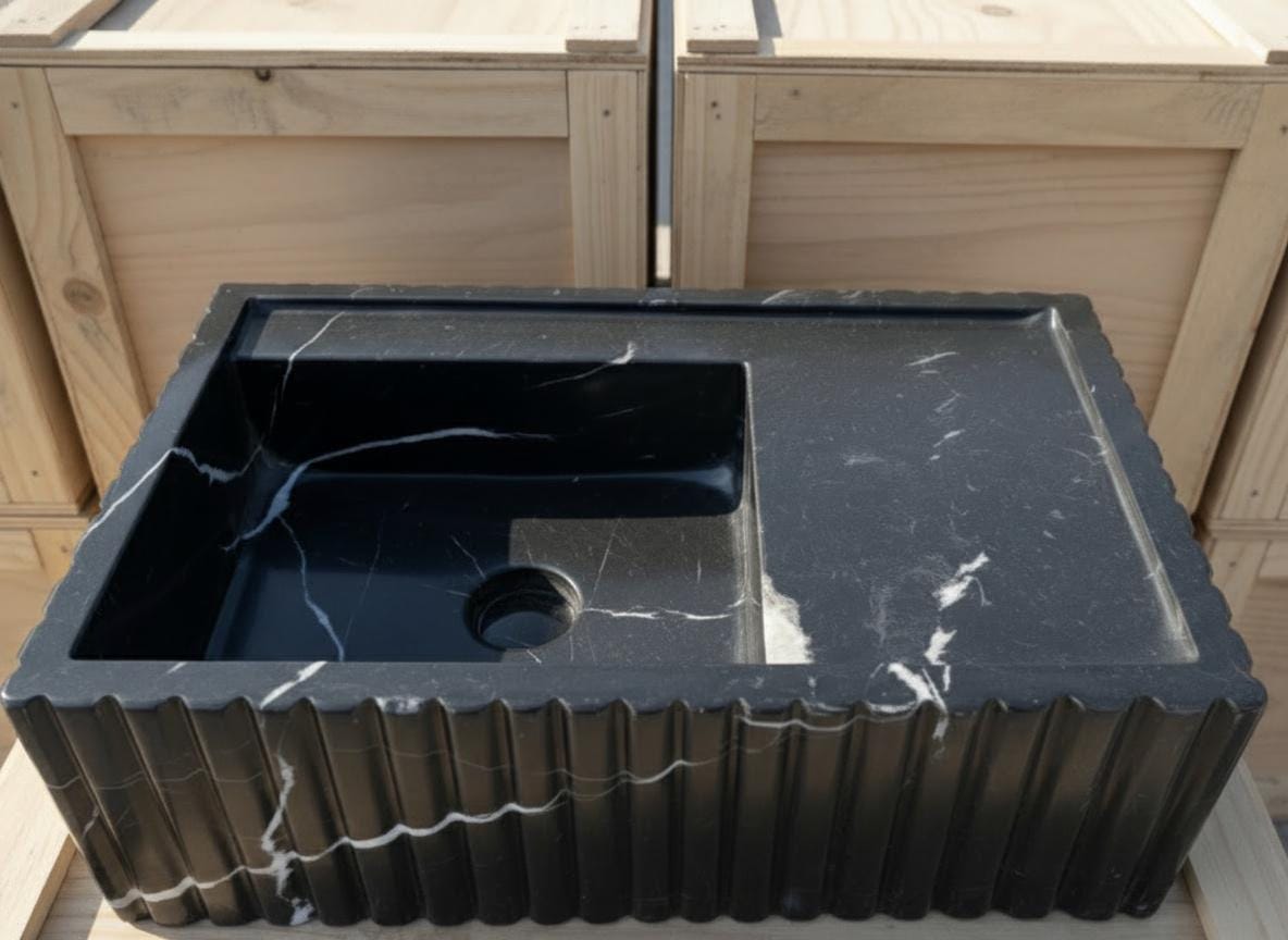 Handcarved Nero Marquina marble vessel sink by Marblyart, custom made to order — photo 11 of 12