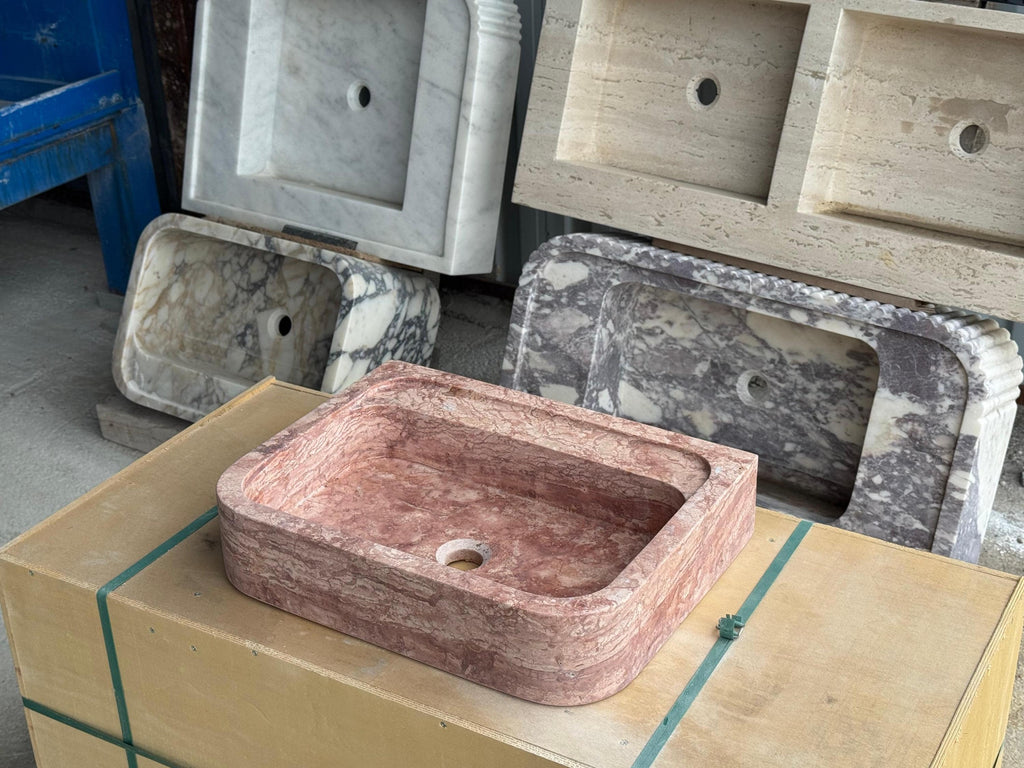 Handcarved red travertine marble vessel sink by Marblyart, custom made to order — photo 7 of 15