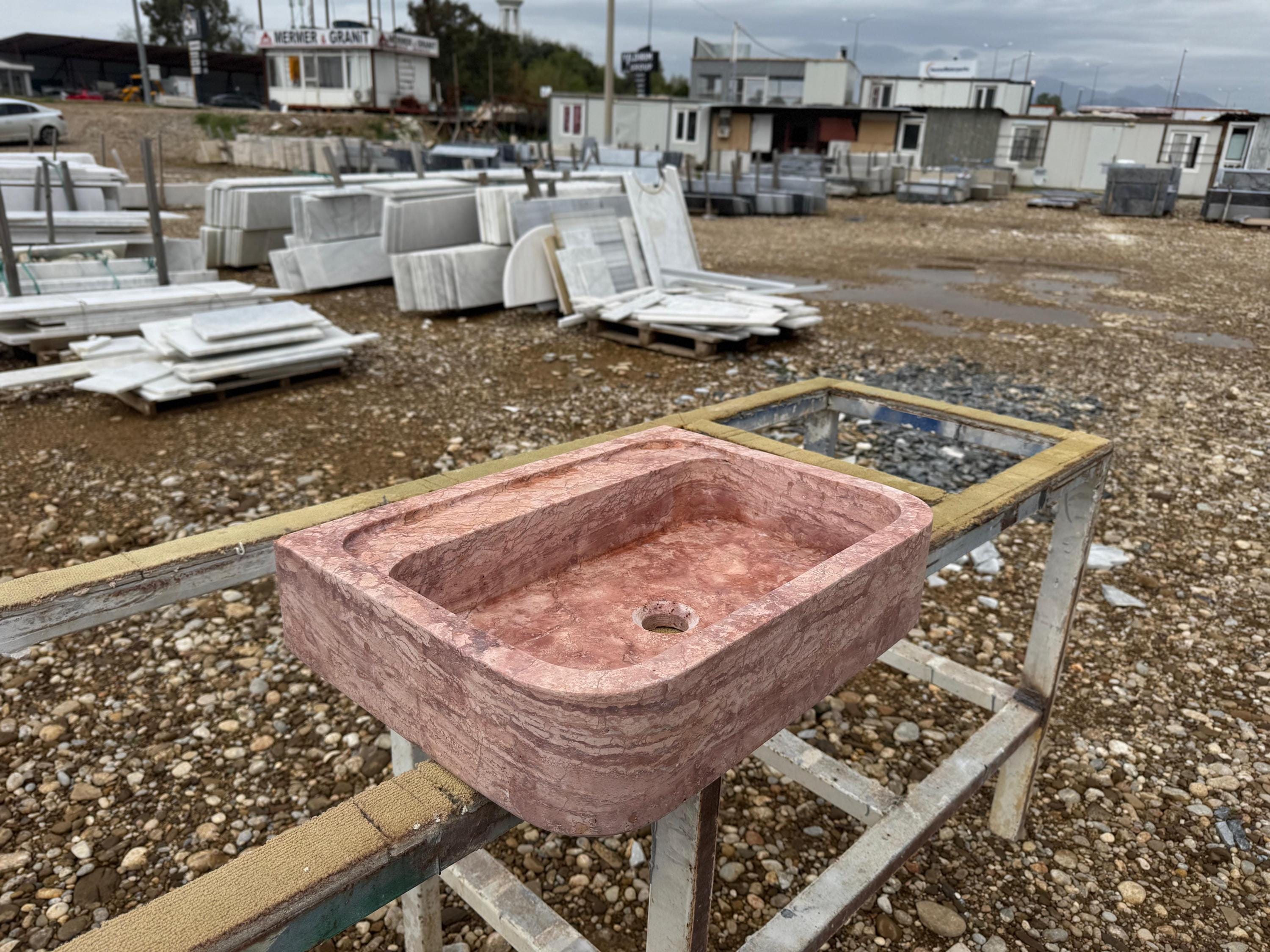 Handcarved red travertine marble vessel sink by Marblyart, custom made to order — photo 4 of 15