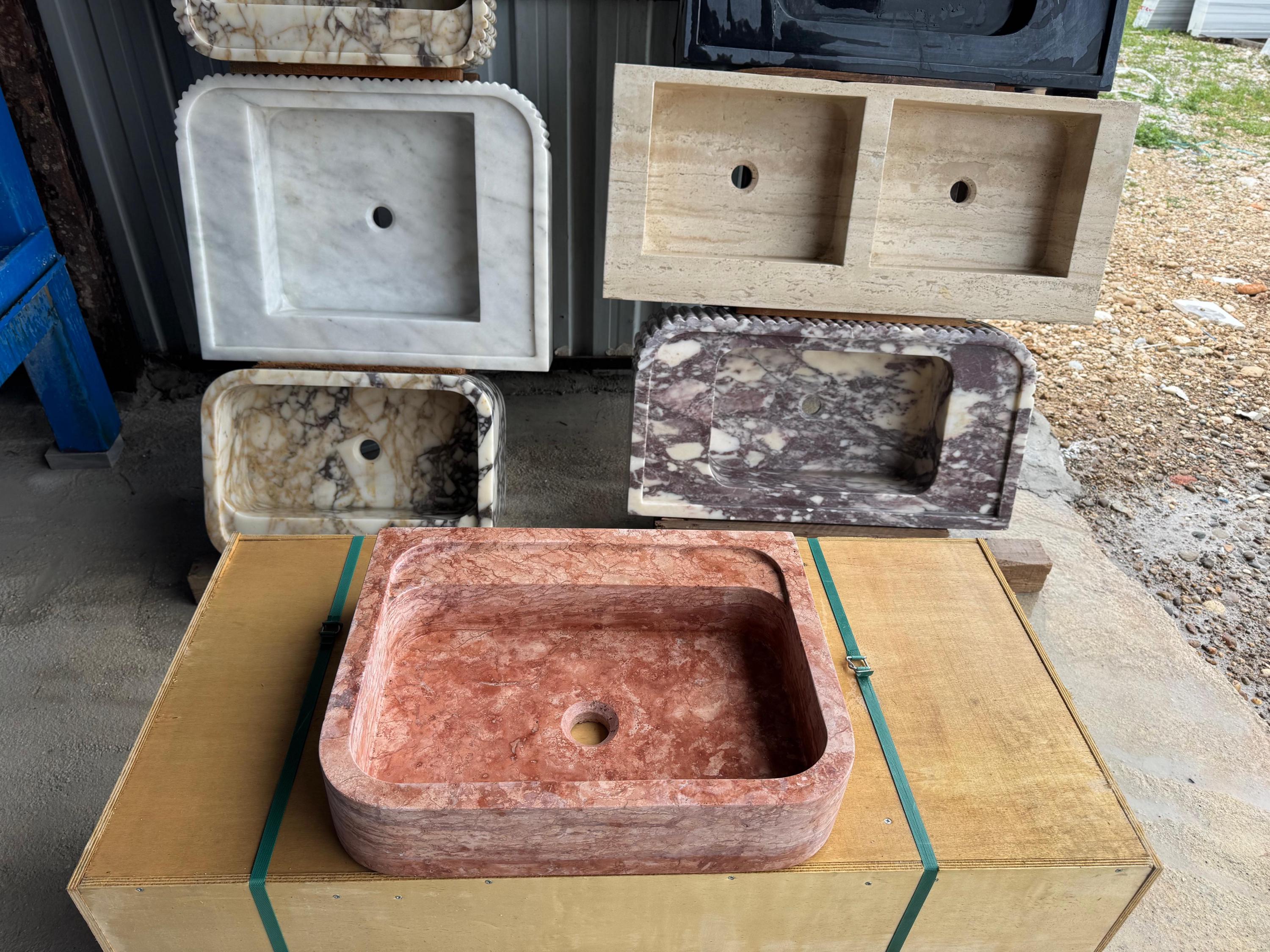 Handcarved red travertine marble vessel sink by Marblyart, custom made to order — photo 14 of 15