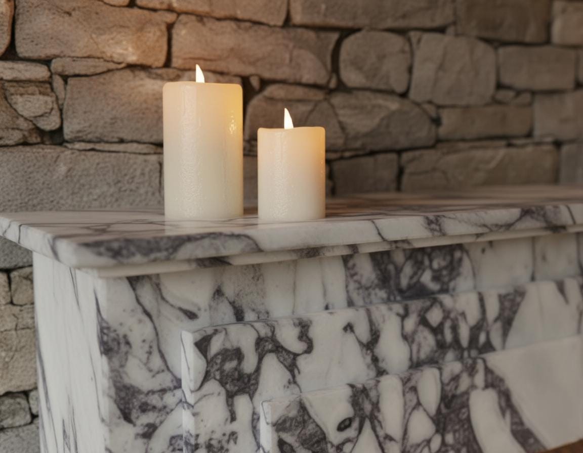 Handcarved Calacatta Viola marble fireplace mantel by Marblyart, custom made to order — photo 3 of 10