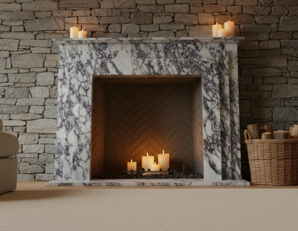 Handcarved Calacatta Viola marble fireplace mantel by Marblyart, custom made to order — photo 4 of 10