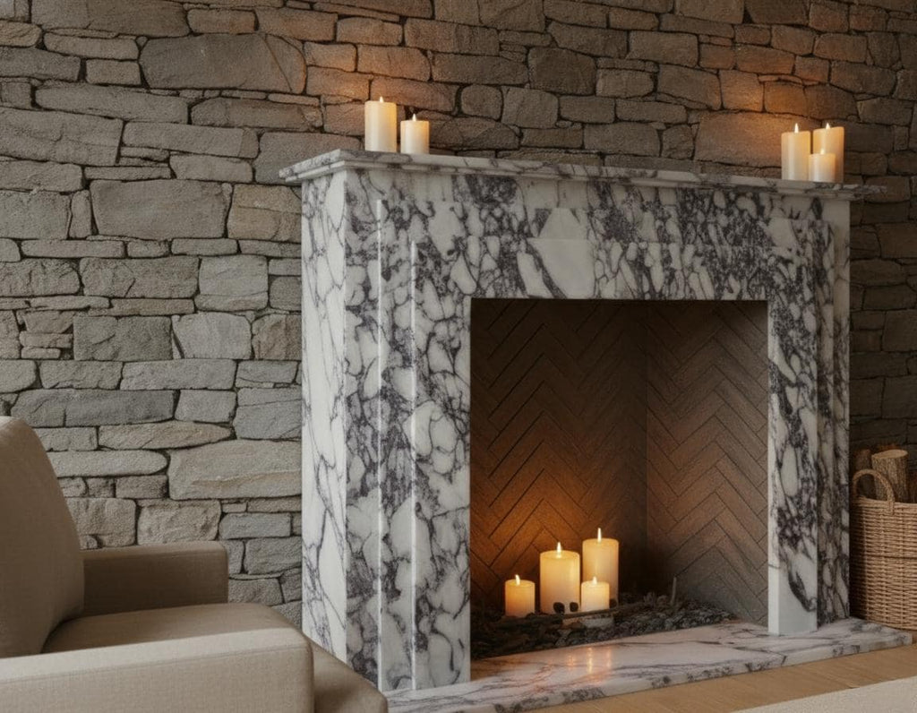 Handcarved Calacatta Viola marble fireplace mantel by Marblyart, custom made to order — photo 2 of 10