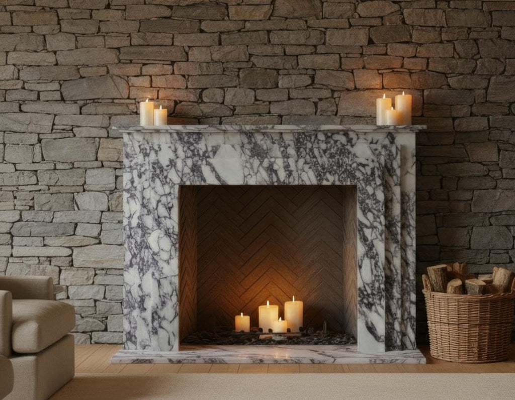 Handcarved Calacatta Viola marble fireplace mantel by Marblyart, custom made to order — photo 10 of 10