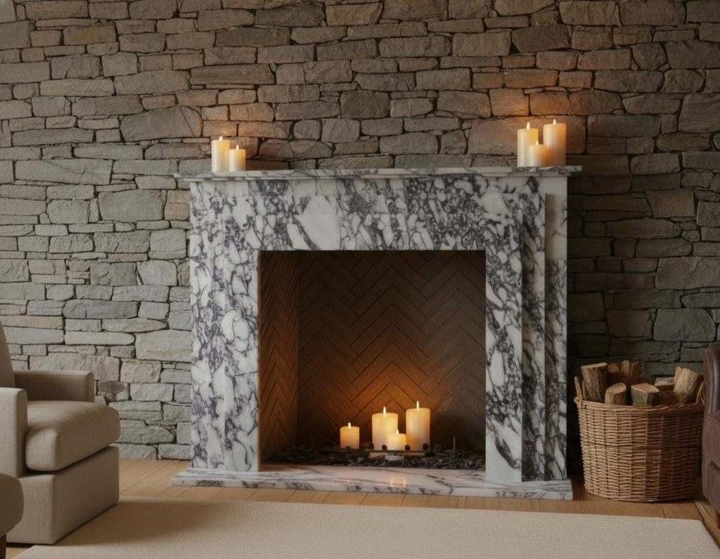 Handcarved Calacatta Viola marble fireplace mantel by Marblyart, custom made to order — photo 8 of 10