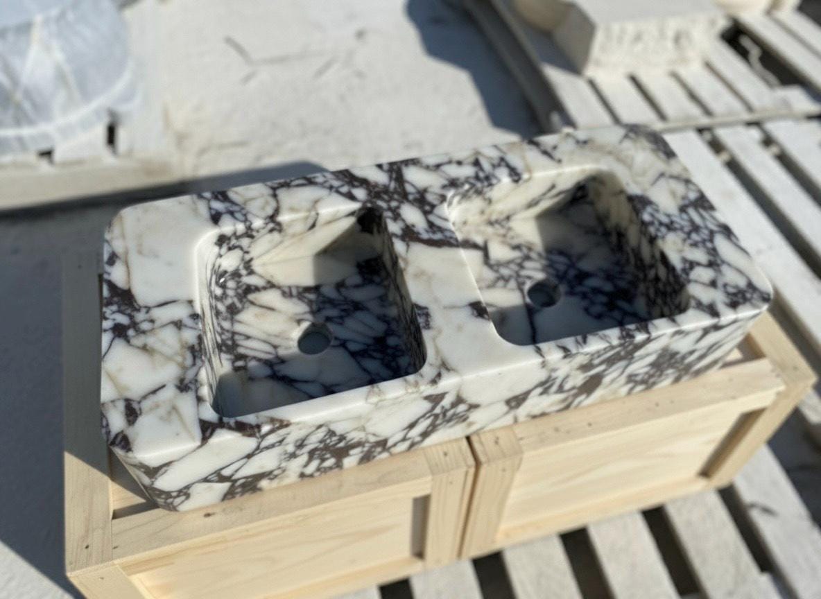 Handcarved Calacatta Viola marble double basin sink by Marblyart, custom made to order — photo 5 of 12