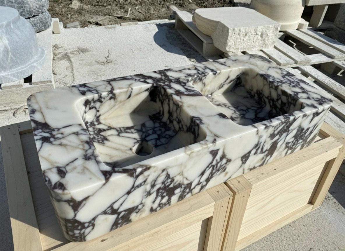 Handcarved Calacatta Viola marble double basin sink by Marblyart, custom made to order — photo 10 of 12
