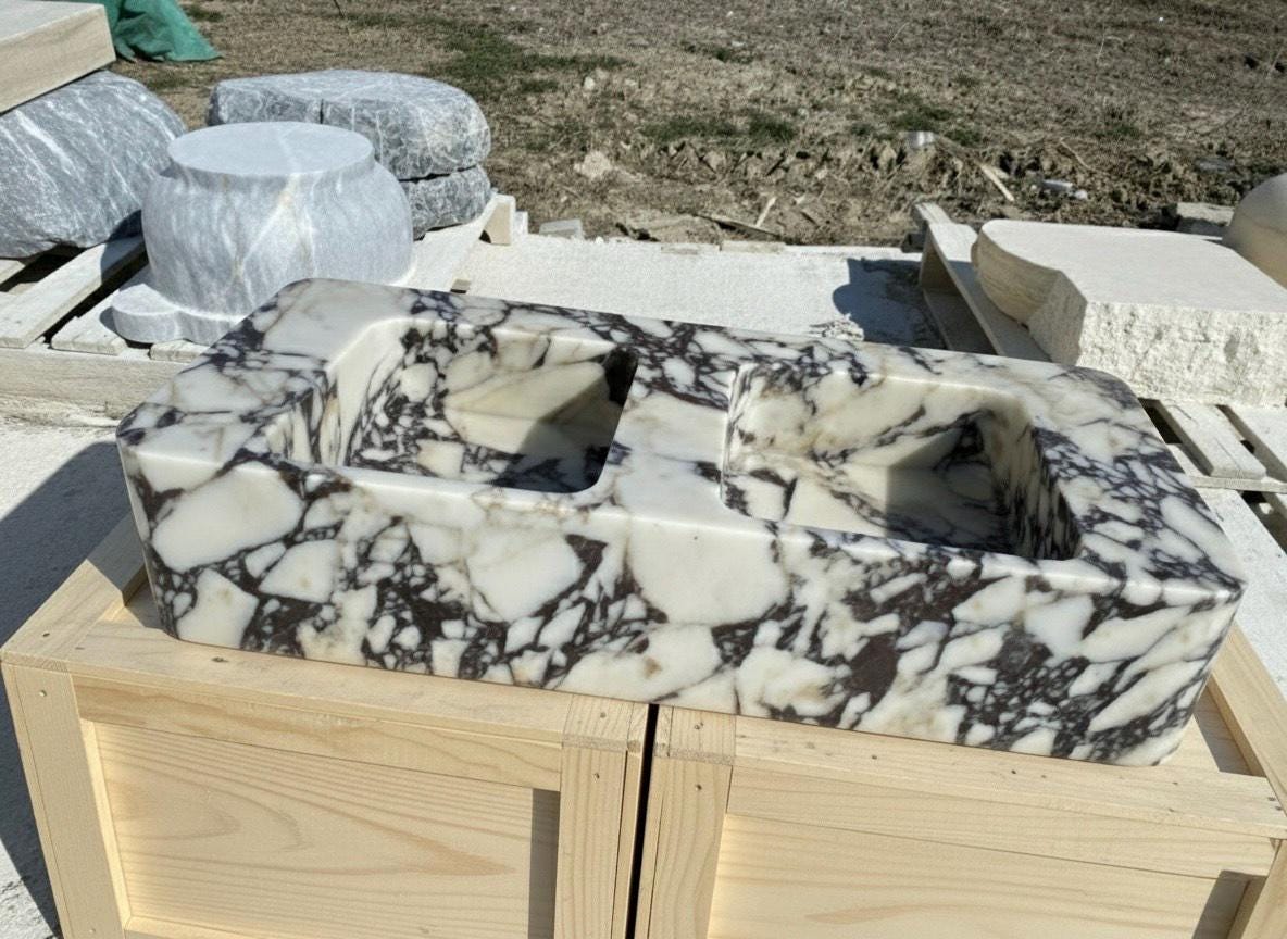 Handcarved Calacatta Viola marble double basin sink by Marblyart, custom made to order — photo 12 of 12