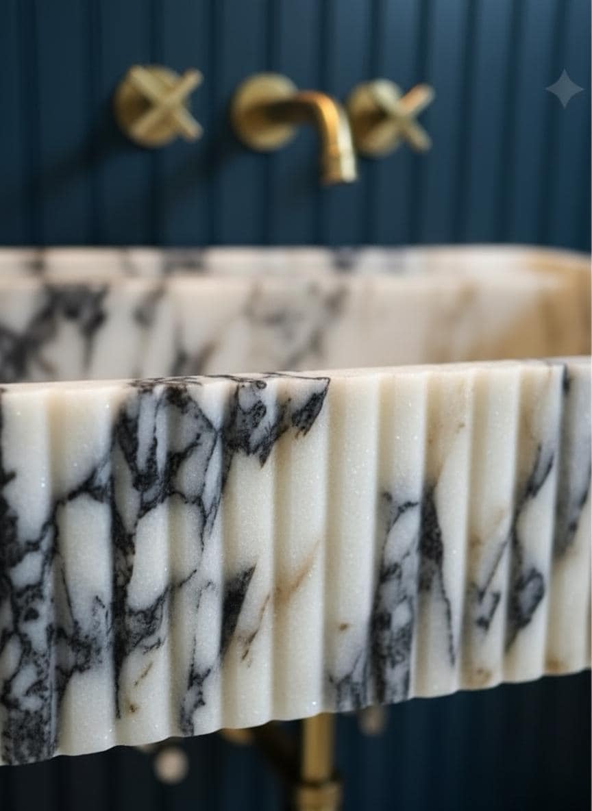 Handcarved Calacatta Viola marble wall mounted sink by Marblyart, custom made to order — photo 4 of 11