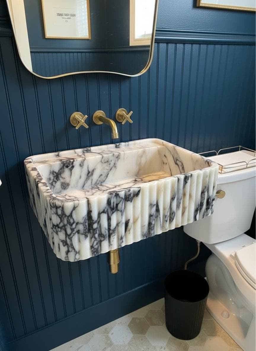 Handcarved Calacatta Viola marble wall mounted sink by Marblyart, custom made to order — photo 2 of 11