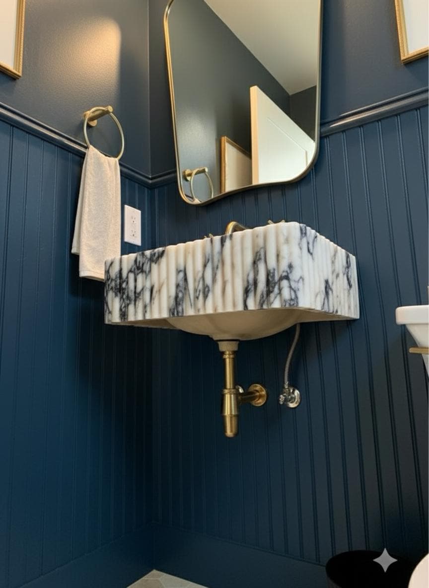 Handcarved Calacatta Viola marble wall mounted sink by Marblyart, custom made to order — photo 5 of 11