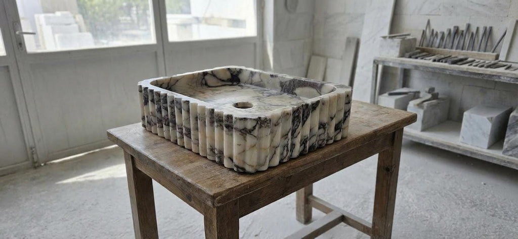 Handcarved Calacatta Viola marble vessel sink by Marblyart, custom made to order — photo 4 of 15