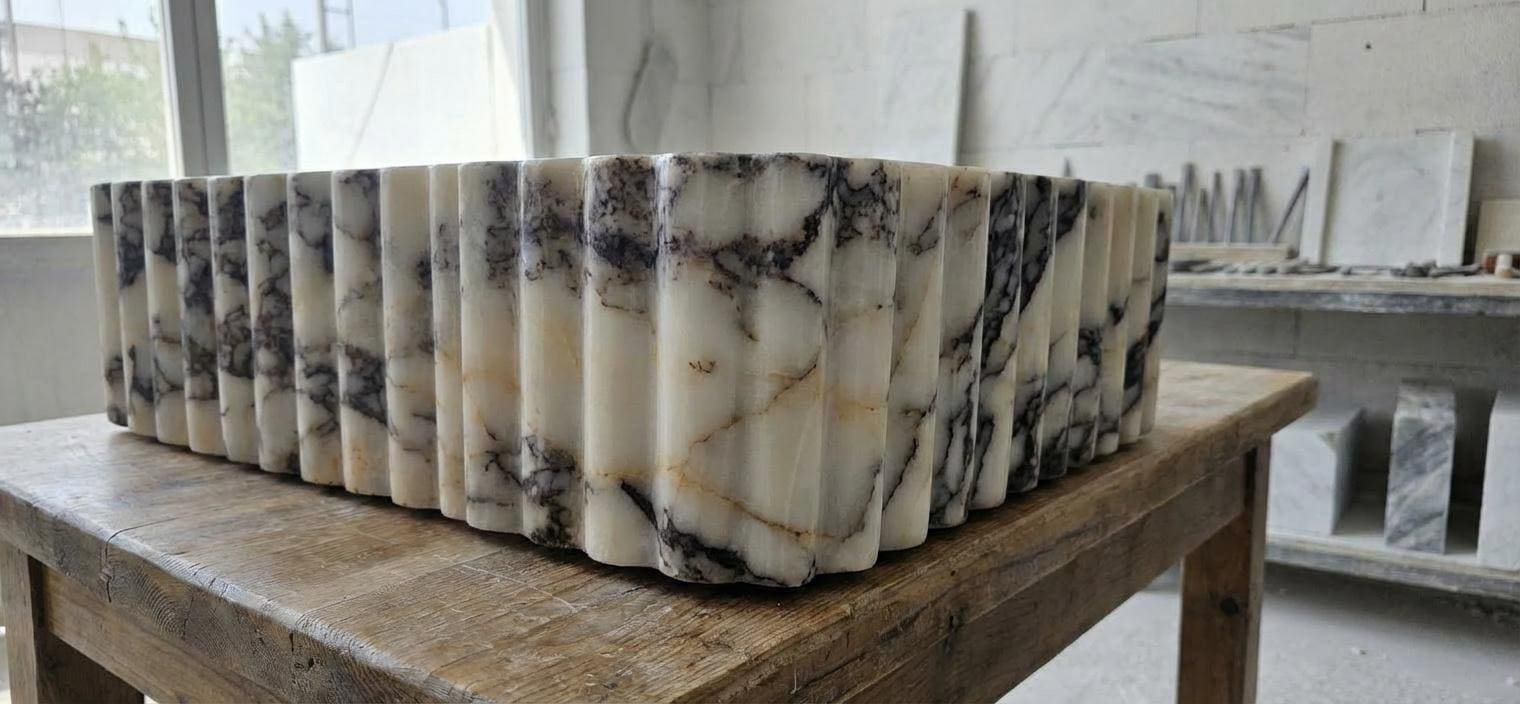 Handcarved Calacatta Viola marble vessel sink by Marblyart, custom made to order — photo 3 of 15