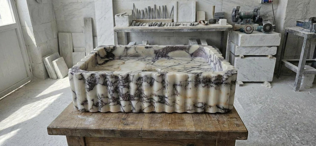 Handcarved Calacatta Viola marble vessel sink by Marblyart, custom made to order — photo 8 of 15