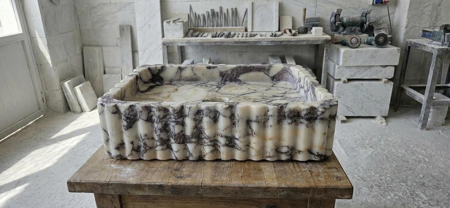 Handcarved Calacatta Viola marble vessel sink by Marblyart, custom made to order — photo 8 of 15