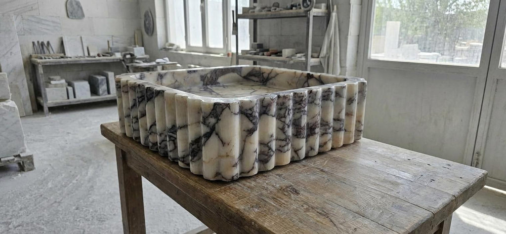 Handcarved Calacatta Viola marble vessel sink by Marblyart, custom made to order — photo 9 of 15