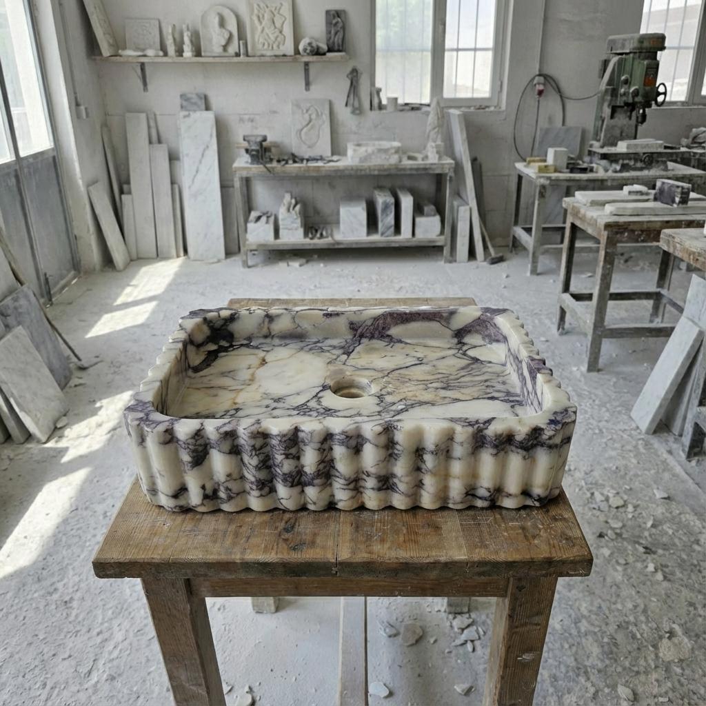 Handcarved Calacatta Viola marble vessel sink by Marblyart, custom made to order — photo 11 of 15