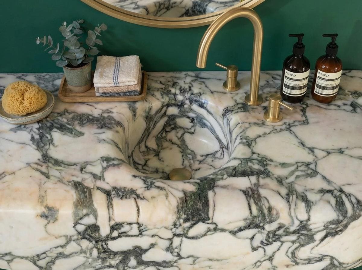 Handcarved natural marble marble floating vanity sink by Marblyart, custom made to order — photo 14 of 15