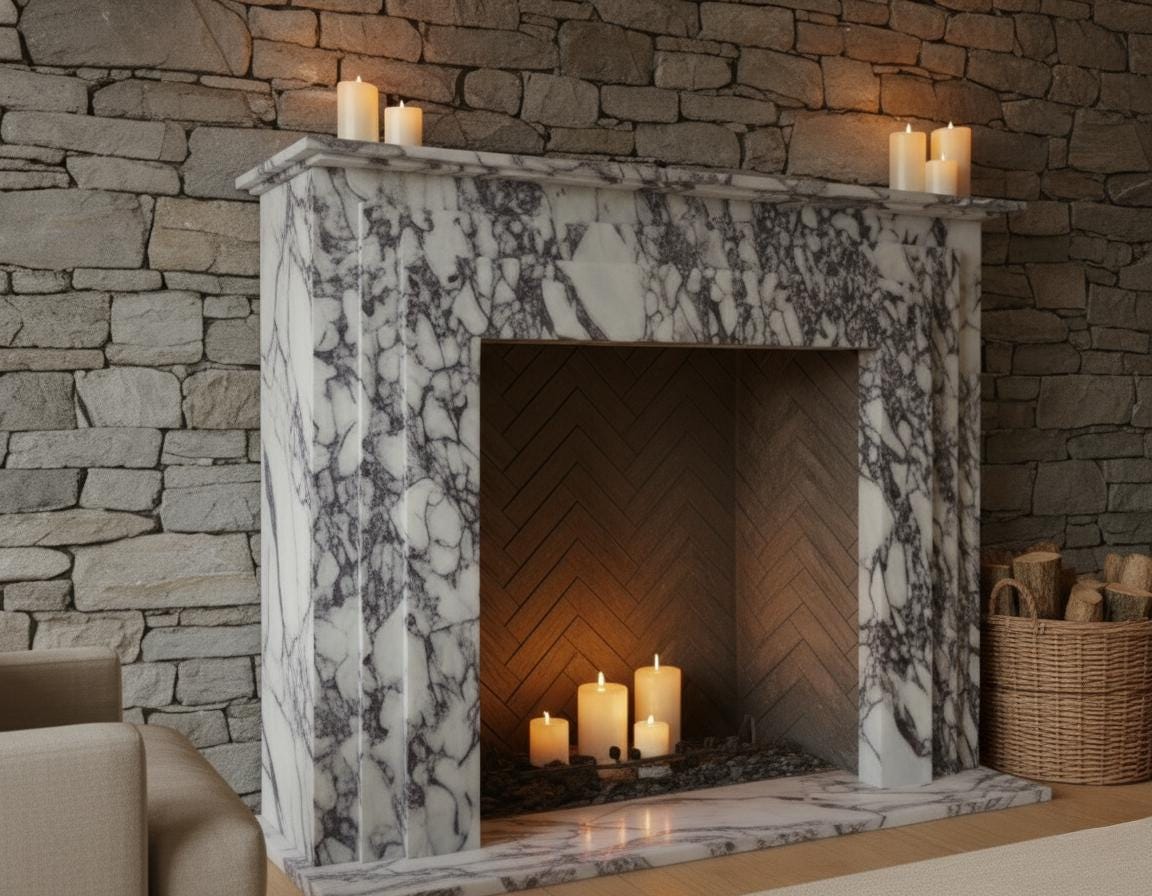 Handcarved Calacatta Viola marble fireplace mantel by Marblyart, custom made to order — photo 7 of 10