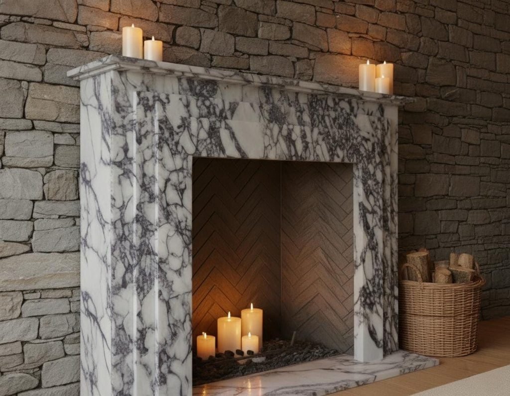 Handcarved Calacatta Viola marble fireplace mantel by Marblyart, custom made to order — photo 9 of 10