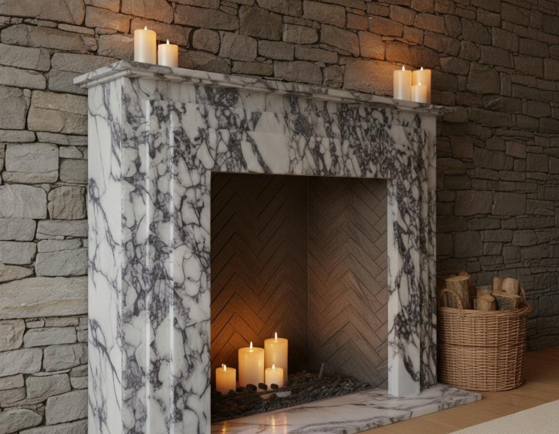 Handcarved Calacatta Viola marble fireplace mantel by Marblyart, custom made to order — photo 9 of 10