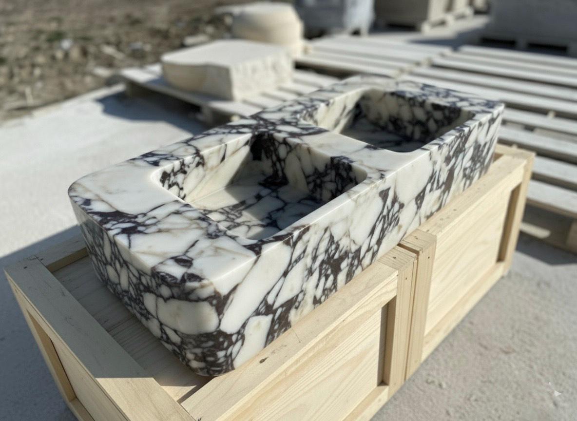 Handcarved Calacatta Viola marble double basin sink by Marblyart, custom made to order — photo 6 of 12