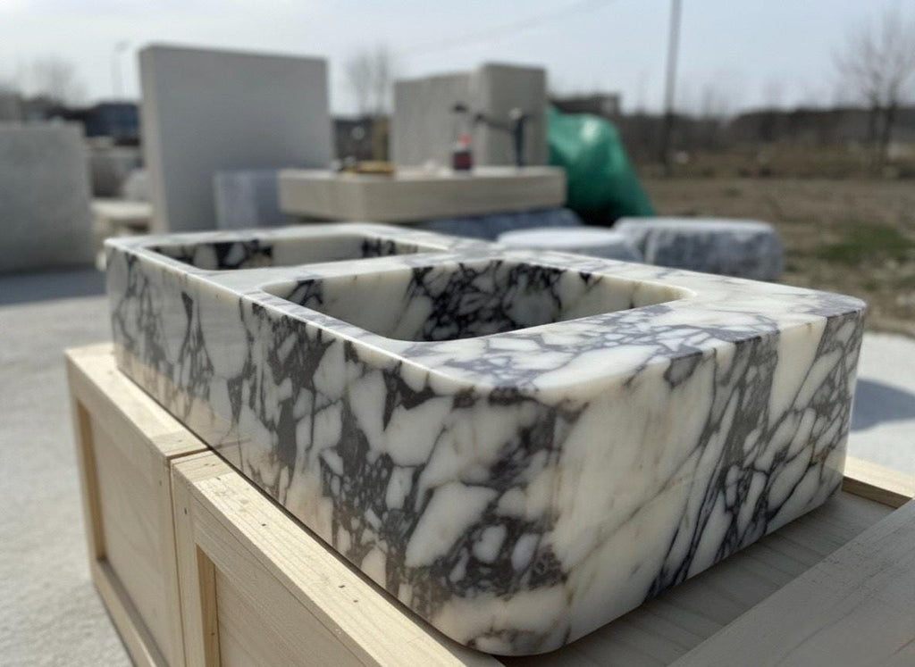 Handcarved Calacatta Viola marble double basin sink by Marblyart, custom made to order — photo 7 of 12