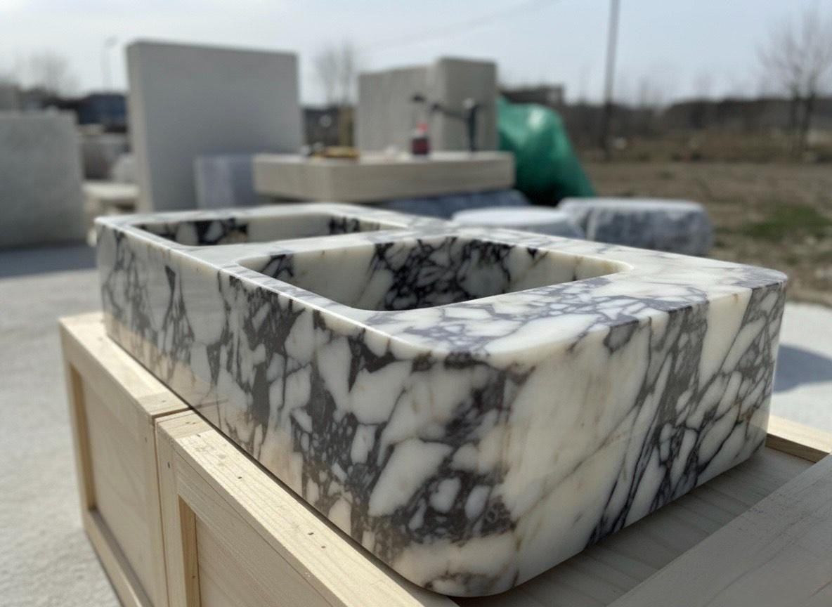 Handcarved Calacatta Viola marble double basin sink by Marblyart, custom made to order — photo 7 of 12