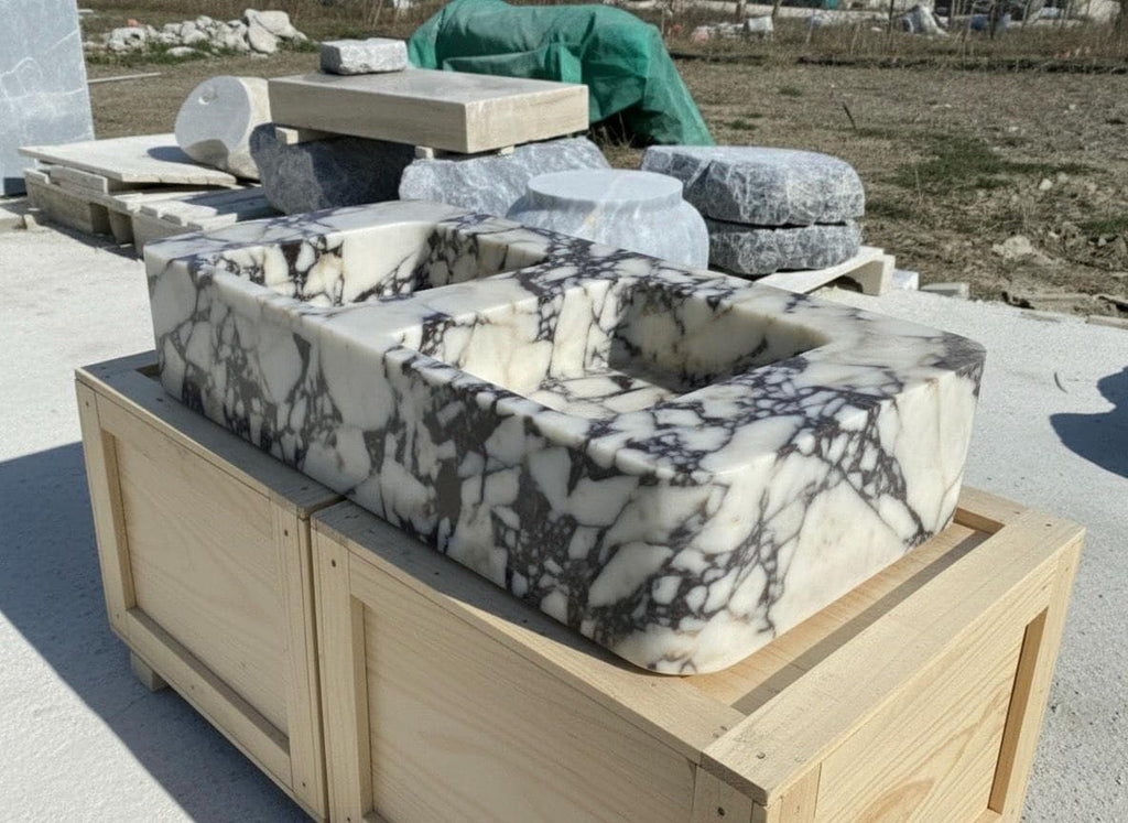 Handcarved Calacatta Viola marble double basin sink by Marblyart, custom made to order — photo 8 of 12