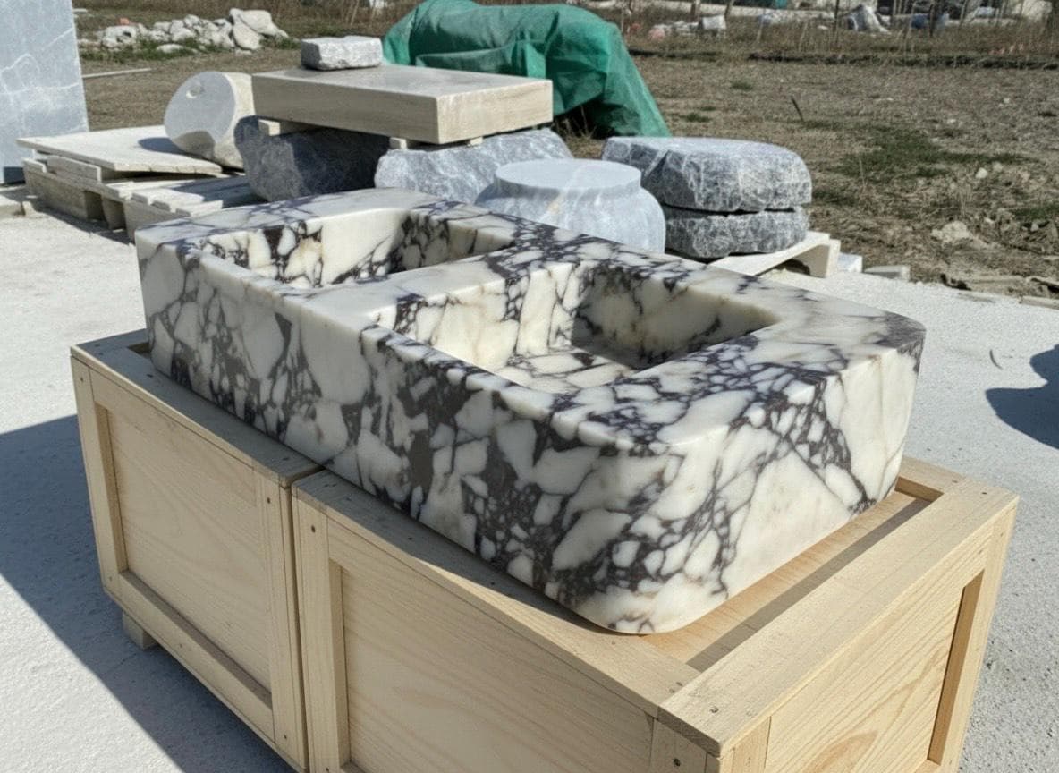 Handcarved Calacatta Viola marble double basin sink by Marblyart, custom made to order — photo 8 of 12