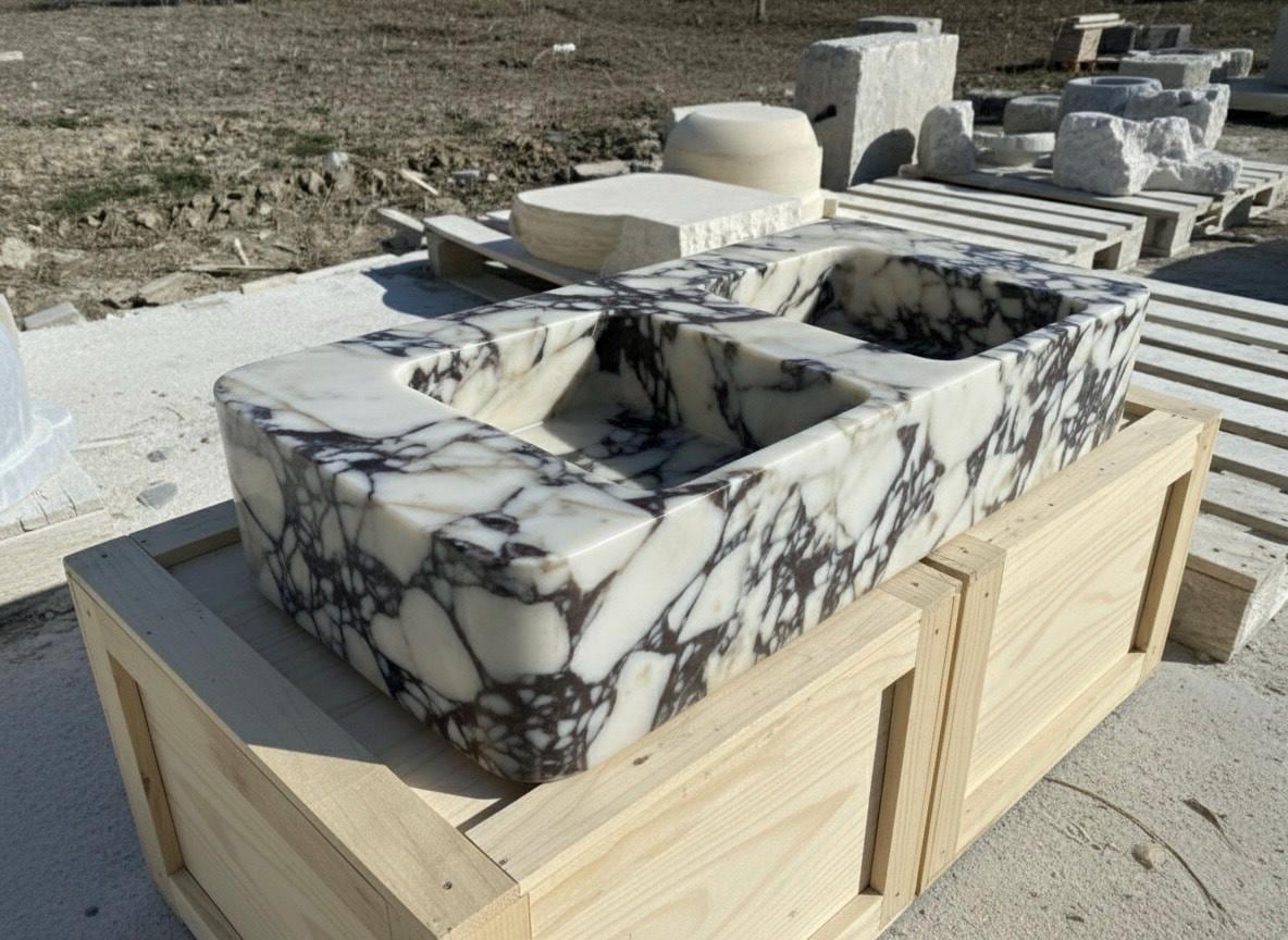 Handcarved Calacatta Viola marble double basin sink by Marblyart, custom made to order — photo 11 of 12