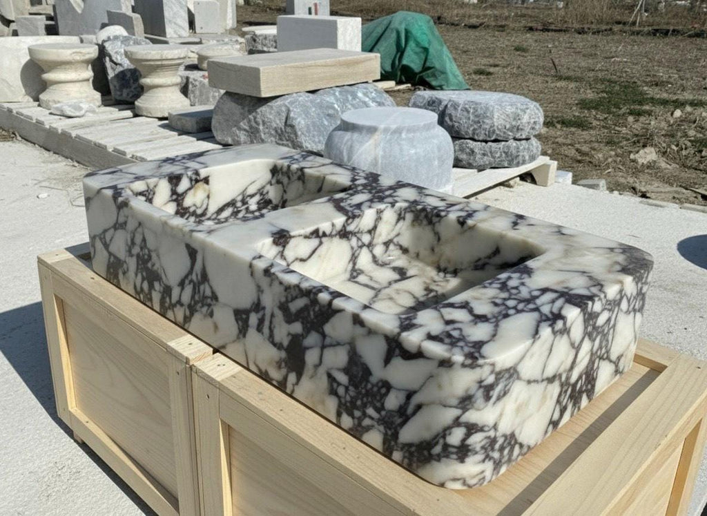 Handcarved Calacatta Viola marble double basin sink by Marblyart, custom made to order — photo 3 of 12