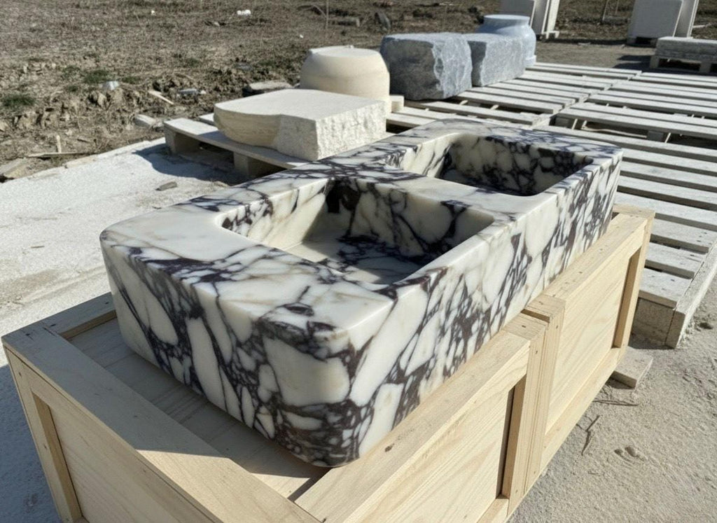 Handcarved Calacatta Viola marble double basin sink by Marblyart, custom made to order — photo 9 of 12