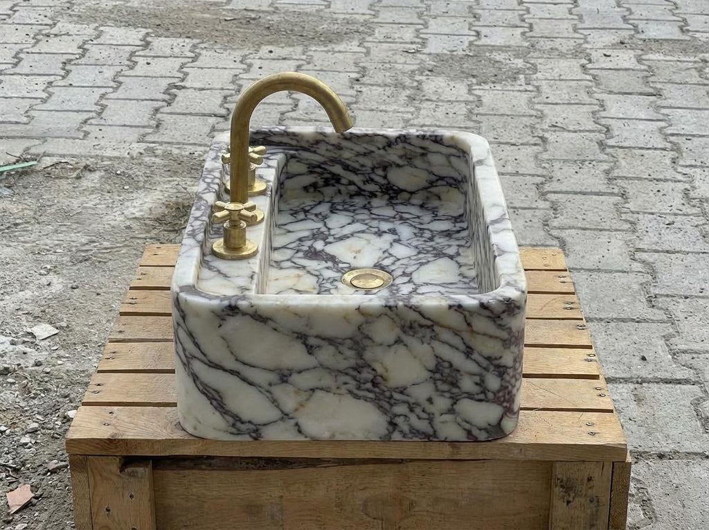 Handcarved Calacatta Viola marble wall mounted sink by Marblyart, custom made to order — photo 10 of 15