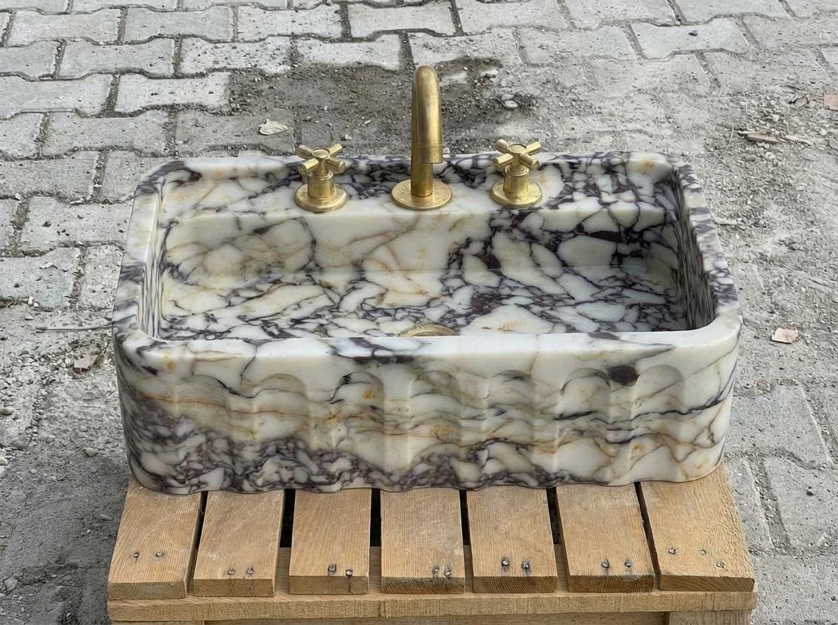 Handcarved Calacatta Viola marble wall mounted sink by Marblyart, custom made to order — photo 2 of 15