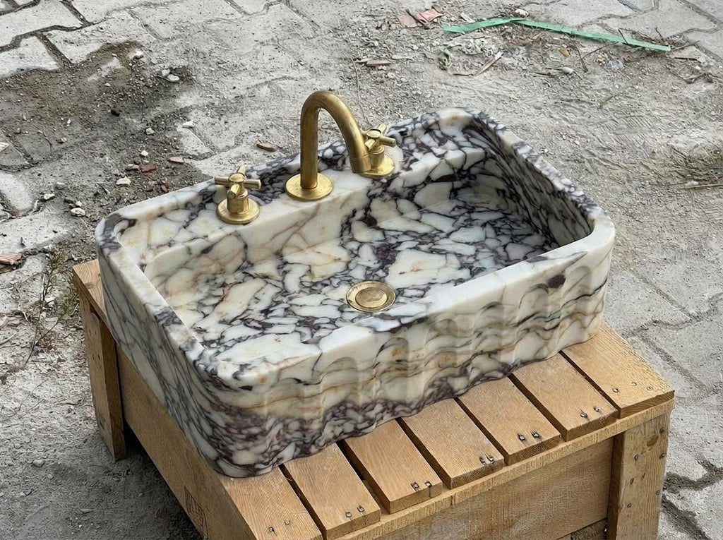 Handcarved Calacatta Viola marble wall mounted sink by Marblyart, custom made to order — photo 5 of 15