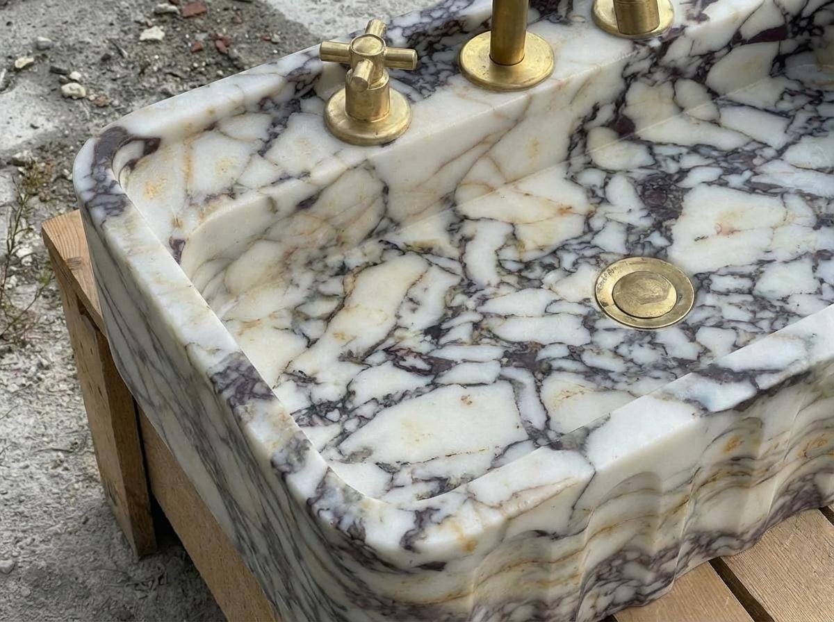 Handcarved Calacatta Viola marble wall mounted sink by Marblyart, custom made to order — photo 4 of 15