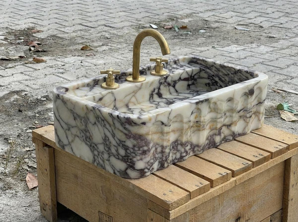 Handcarved Calacatta Viola marble wall mounted sink by Marblyart, custom made to order — photo 9 of 15