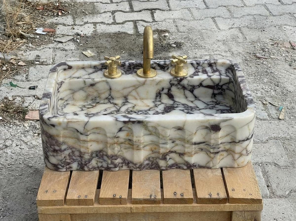 Handcarved Calacatta Viola marble wall mounted sink by Marblyart, custom made to order — photo 8 of 15