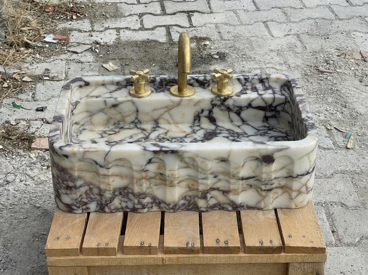 Handcarved Calacatta Viola marble wall mounted sink by Marblyart, custom made to order — photo 8 of 15