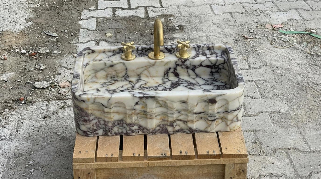 Handcarved Calacatta Viola marble wall mounted sink by Marblyart, custom made to order — photo 12 of 15