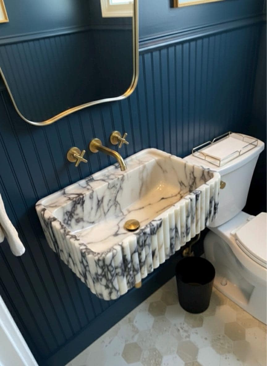Handcarved Calacatta Viola marble wall mounted sink by Marblyart, custom made to order — photo 7 of 11