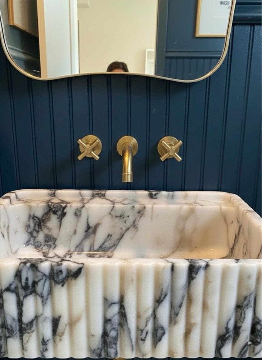 Handcarved Calacatta Viola marble wall mounted sink by Marblyart, custom made to order — photo 11 of 11